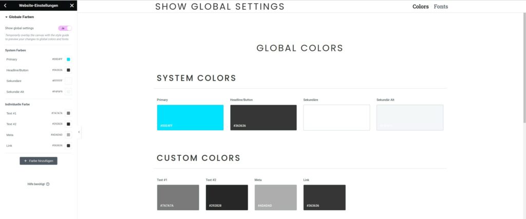 Elementor globale Farben