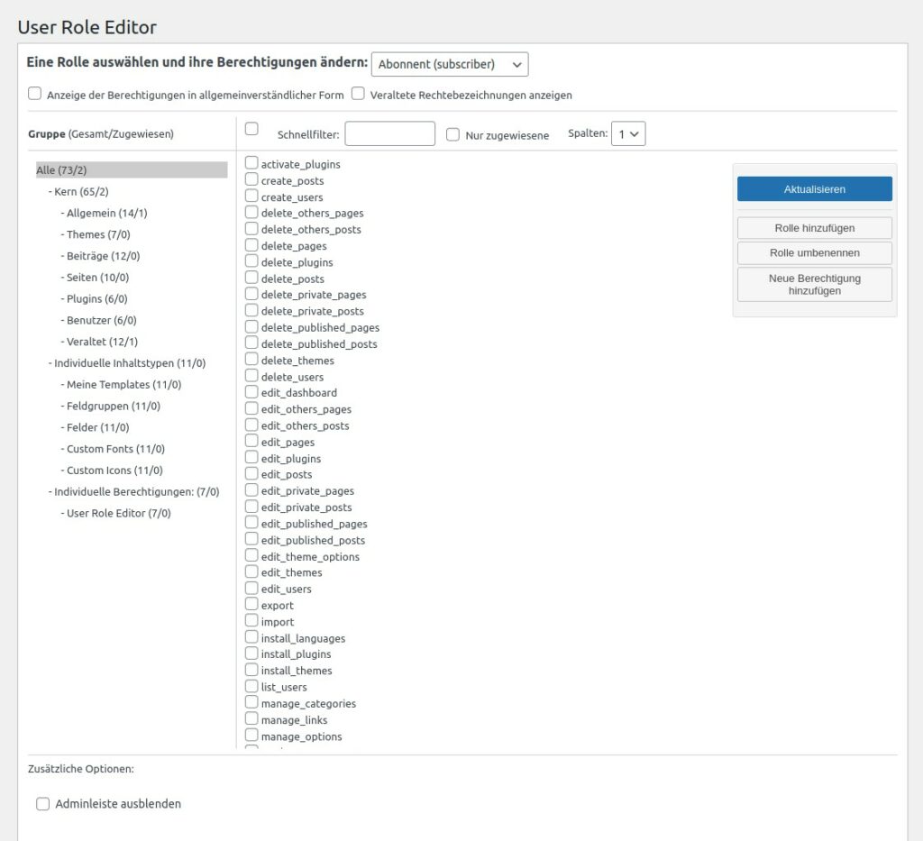 WordPress Berechtigungen für Benutzerrolle anpassen