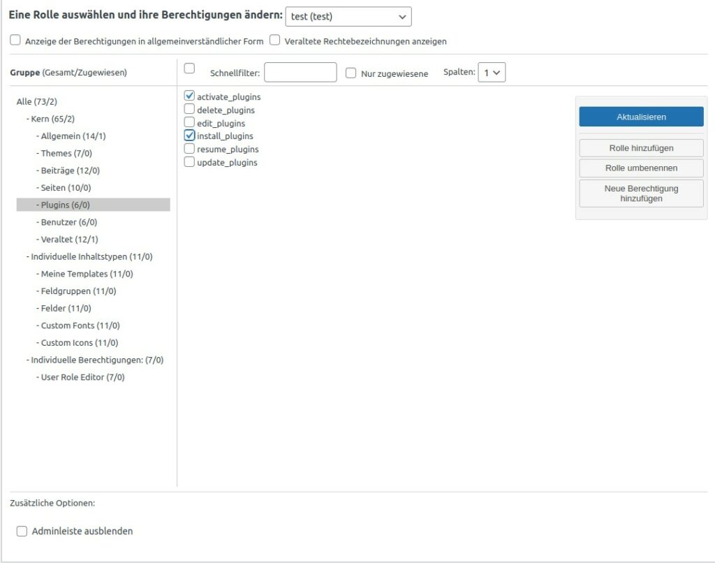 WordPress Berechtigungen für Benutzerrolle anpassen